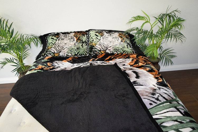White Tiger 12+ lb Reversible Korean Mink Style Borrego Blanket Set with 2 Pillowcases – King