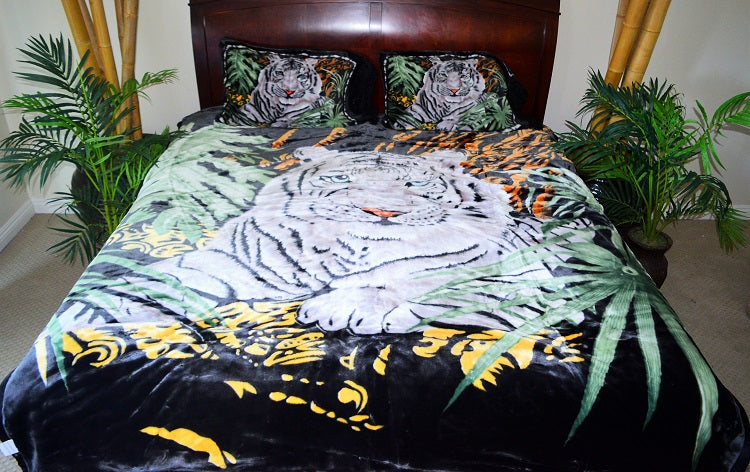White Tiger 12+ lb Reversible Korean Mink Style Borrego Blanket Set with 2 Pillowcases – King