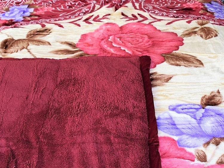 Red Roses Floral 12+ lb Reversible Korean Mink Style Borrego Blanket Set with 2 Pillowcases – King