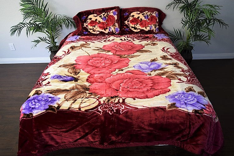Red Roses Floral 12+ lb Reversible Korean Mink Style Borrego Blanket Set with 2 Pillowcases – King