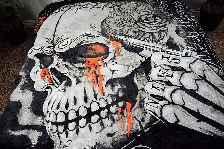 Skull & Skeleton Tattoo 5 lb Korean Mink Style Blanket – Queen