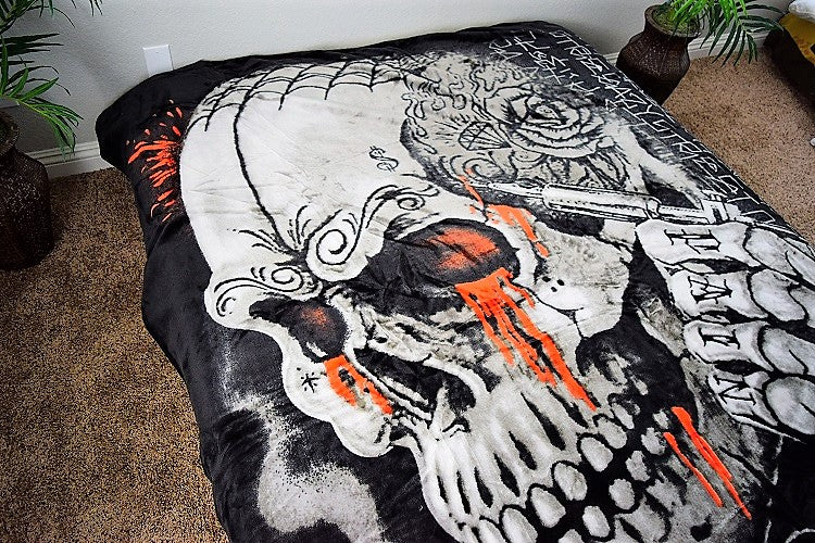 Skull & Skeleton Tattoo 5 lb Korean Mink Style Blanket – Queen
