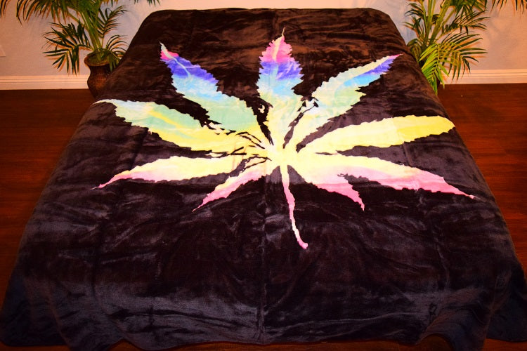 Rainbow Cannabis Leaf 5 lb Korean Mink Style Blanket – Queen