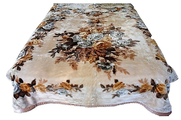 Beige Floral 12 lb Korean Mink Style Blanket Set – Heavy King