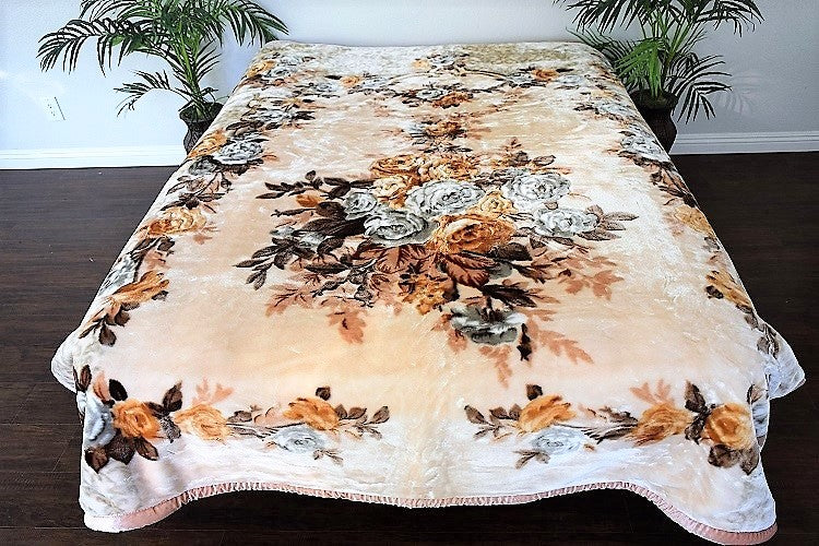 Beige Floral 12 lb Korean Mink Style Blanket Set – Heavy King