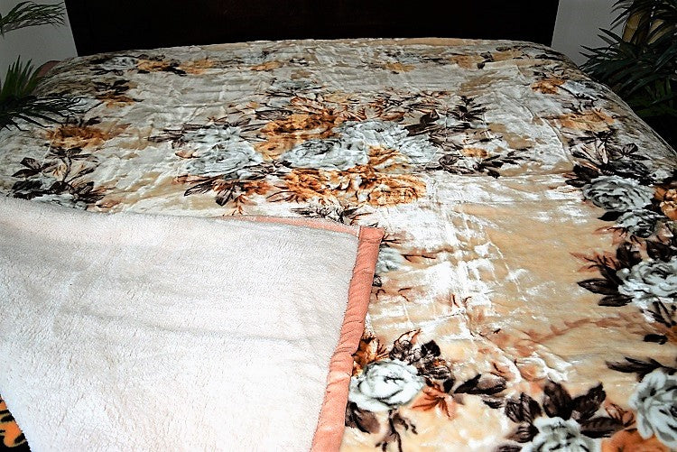 Beige Floral 12+ lb Reversible Korean Mink Style Sherpa Borrego Blanket Set with 2 Pillowcases – King