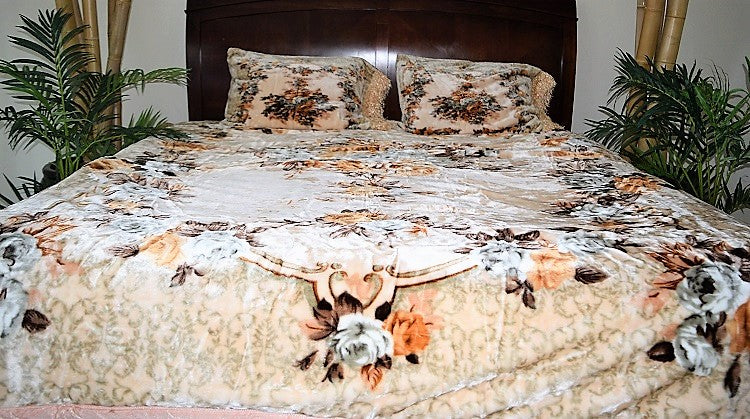 Beige Floral 12+ lb Reversible Korean Mink Style Sherpa Borrego Blanket Set with 2 Pillowcases – King