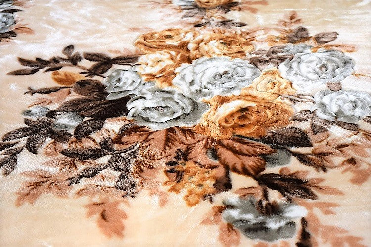 Beige Floral 12+ lb Reversible Korean Mink Style Sherpa Borrego Blanket Set with 2 Pillowcases – King